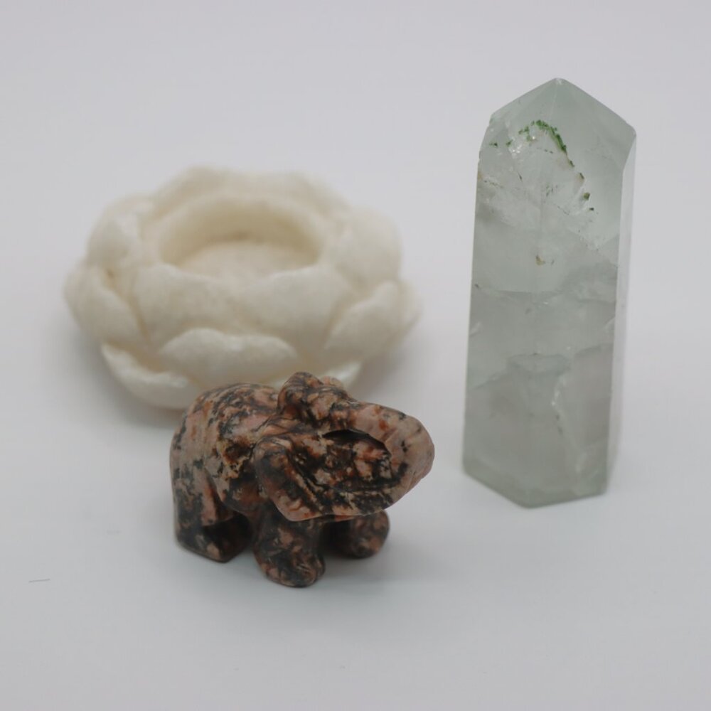 Set of 3 Authentic Crystals Carved Elephant, Tower and Candle Flower Holder